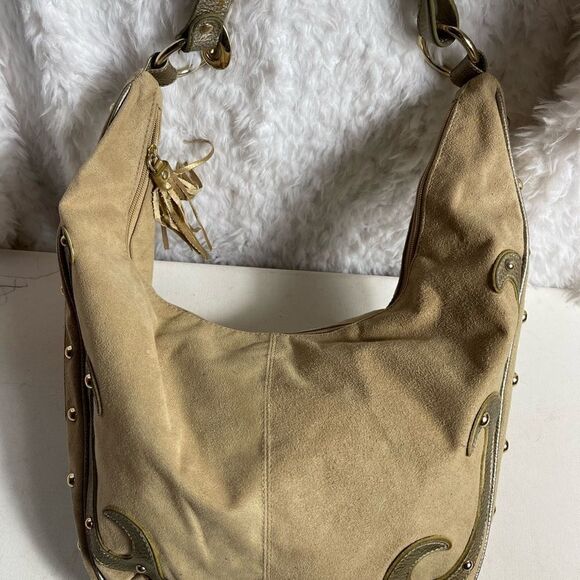 Lexi Bloom khaki faux suede and gold tone studs ajustable shoulder bag - Picture 5 of 12